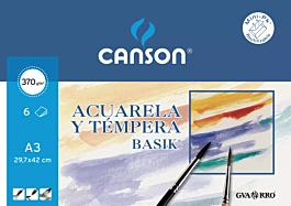 Papel Basik 370g/m Acuarela y Témpera A3 6 hojas Canson