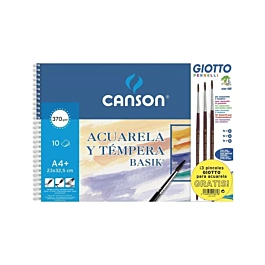 Watercolour Gouache Basik Spiral Watercolour Pad Canson A4+ 370g/m² + 3 Brushes