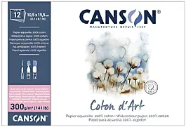 Coton d'Art-Aquarell-Block, 100 % Baumwolle, Geleimt, lange Seite, satinierte Körnung, Canson, 300 g/m², 10,5 x 15,5 cm
