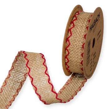 Jute Ribbon with Embroidered Edges Red Halbach 25mm
