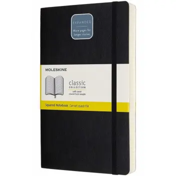 Schwarzes Notitzbuch mit Softcover, kariert, Classic Expanded, Moleskine, 13 x 21 cm