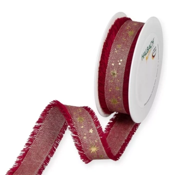 Bedrucktes Leinenband Goldsterne Bordeaux Halbach 25mm
