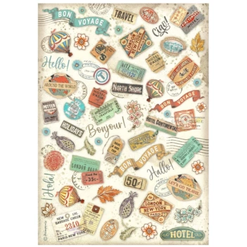 Papel de arroz Labels Art of Travelling Stamperia 21x30cm