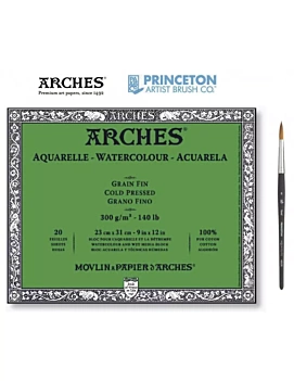 Kit bloc Arches aucarela Grano Fino 23x31cm + Pincel Princeton