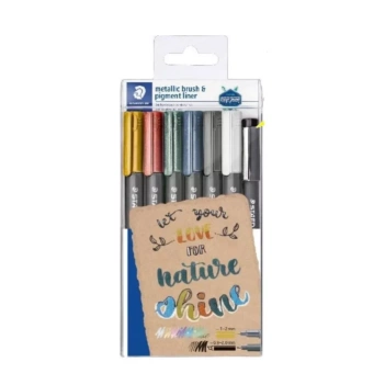Staedtler Set mit 6 Stiften mit Pinselspitze Metallisch + 1 Kalibrierstift