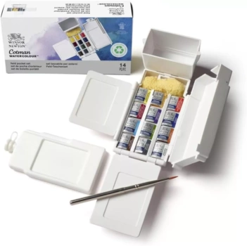Cotman Winsor and Newton Kasten mit 12 Aquarellfarben in halben Näpfen
