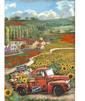 Rijstpapier Oldtimer Zonnebloem Art Stamperia 21x29,7cm