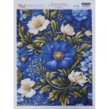 Papel de Arroz Flores Bege e Azul Rich 29x42cm