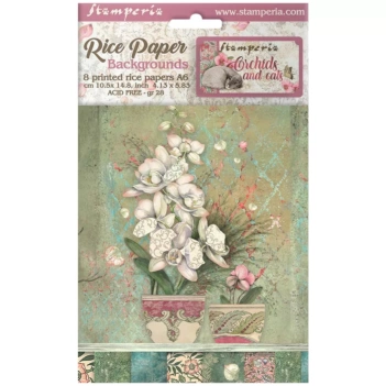 Set of 8 Orchids and Cats Stamperia rice papers 10x15cm