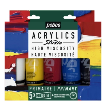 Set of 5 Studio Acrylics Pebeo 100ml primary acrylic tubes and chromatic circle