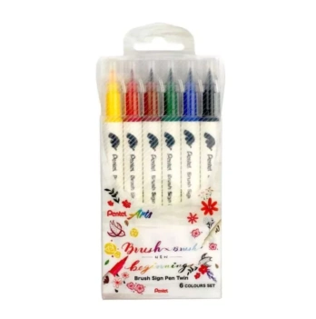 Conjunto de 6 canetas pincéis de ponta dupla canetas pincéis de sinalização Twin Pentel