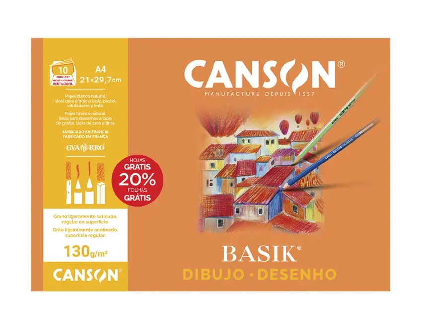Canson Minipack de 10 Feuilles Dessin Lisse Basik A3 - 29,7x42cm - 130g